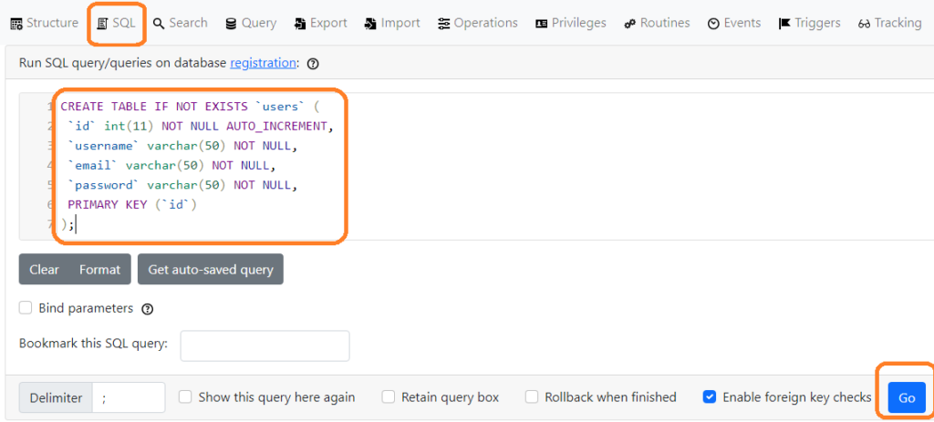 phpmyadmin-create table into database